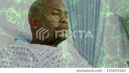Reclining African-American man wearing patterned gown on hospital bed, with green network overlay Reclining African-American man wearing patterned gown on hospital bed, with green network overlay 135659162