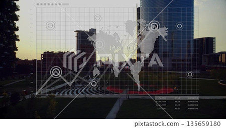 Overlaying data visualization on city park at dusk, with grid overlay, world map, rising line graph 135659180