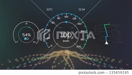 HUD showing speedometer gauge reading 100 km or h in cabin with battery level, temp or time and rout HUD showing speedometer gauge reading 100 km or h in cabin with battery level, temp or time and rout 135659195