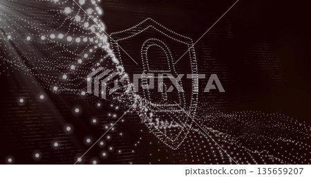 Glowing dotted shield forming in dark matrix, with padlock icon, particle wave and light streaks 135659207