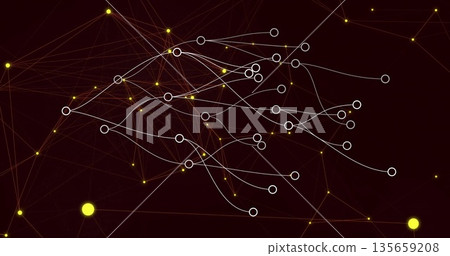 Displaying network linking white nodes in dark burgundy with glowing yellow points and gray lines 135659208