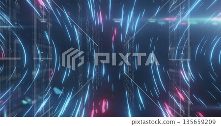 Streaming holographic grid panels forming virtual tunnel, with neon blue arcs and pink streaks 135659209