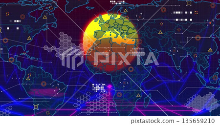 Abstract interface showing circular neon map highlight in dashboard, with hexagon clusters Abstract interface showing circular neon map highlight in dashboard, with hexagon clusters 135659210