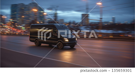 Black delivery van in motion on a wet city street at dusk, illuminated by streetlights and city buildings in the background creating a dynamic urban scene Black delivery van in motion on a wet city street at dusk, illuminated by streetlights and city buildings in the background creating a dynamic urban scene 135659301