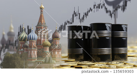 Black oil barrels in front of St. Basil's Cathedral and financial graphs, symbolizing the connection between energy markets and economic trends in Russia Black oil barrels in front of St. Basil's Cathedral and financial graphs, symbolizing the connection between energy markets and economic trends in Russia 135659303
