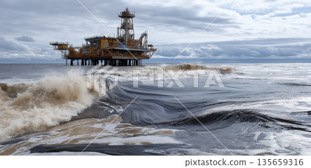 Offshore oil drilling platform standing on stilts above turbulent waves under a cloudy sky, with foam and oil slick visible on the water surface Offshore oil drilling platform standing on stilts above turbulent waves under a cloudy sky, with foam and oil slick visible on the water surface 135659316