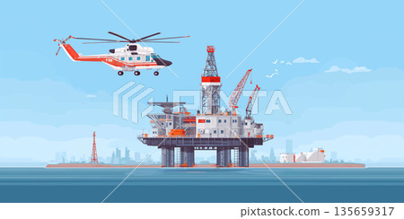 Helicopter flying above an offshore oil drilling platform with cranes and equipment, city skyline visible in the background under a clear blue sky Helicopter flying above an offshore oil drilling platform with cranes and equipment, city skyline visible in the background under a clear blue sky 135659317