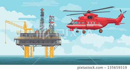 Illustration of an offshore oil rig with a red helicopter flying above, surrounded by blue ocean and clouds in a clear sky 135659319