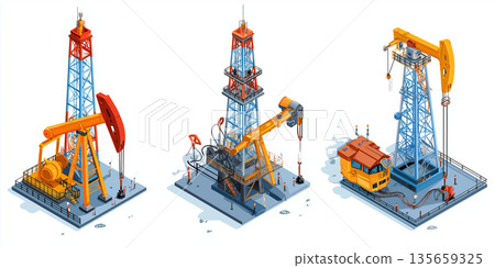 Illustration of three oil drilling rigs with different designs, including a pump jack, a rotary rig, and a service vehicle on a flat surface Illustration of three oil drilling rigs with different designs, including a pump jack, a rotary rig, and a service vehicle on a flat surface 135659325