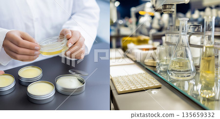 Laboratory technician in white coat examines cosmetic cream in glass container, surrounded by various glassware and samples on a laboratory workbench Laboratory technician in white coat examines cosmetic cream in glass container, surrounded by various glassware and samples on a laboratory workbench 135659332