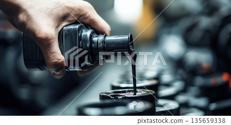 Hand pouring black motor oil from a bottle into a canister on a workbench in an automotive workshop with blurred tools and equipment in the background 135659338