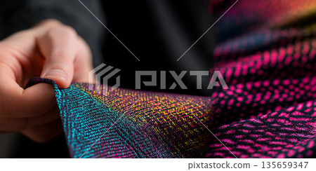 Close-up of a hand holding vibrant, multicolored fabric with intricate patterns, showcasing texture and color variations in a well-lit indoor setting 135659347