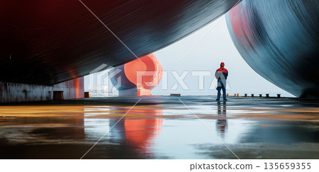 Worker in blue coveralls stands between large ship hulls at a shipyard, reflecting on wet ground with industrial structures visible in the background 135659355