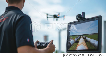 Male drone operator controls UAV with remote while monitoring live feed on tablet, showcasing pipelines and open landscape in the background 135659358