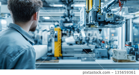 Male technician in gray work shirt observes automated machinery in a modern manufacturing facility with robotic arms and industrial equipment in the background 135659361
