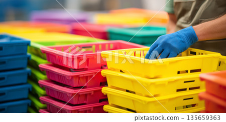 Worker in blue gloves organizes colorful plastic storage baskets in a warehouse, with vibrant hues of yellow, pink, green, and blue visible in the background 135659363