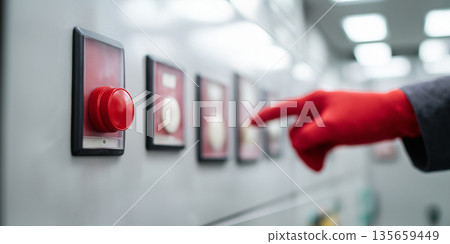 Close-up of a gloved hand pressing a red emergency stop button on a control panel with various switches and indicators in a modern industrial setting 135659449