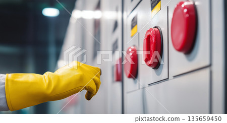 Hand wearing yellow rubber glove pressing red emergency stop button on industrial control panel with multiple switches and indicators in a modern facility Hand wearing yellow rubber glove pressing red emergency stop button on industrial control panel with multiple switches and indicators in a modern facility 135659450