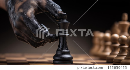 Hand with black paint moves a black king chess piece on a wooden chessboard, with blurred wooden pieces in the background creating a strategic game setting 135659453