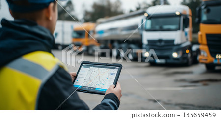 Male logistics worker in safety vest using tablet with map, surrounded by parked trucks in a transportation yard during overcast weather 135659459