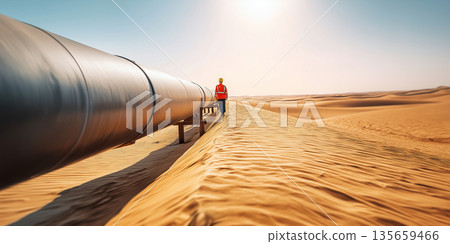 Worker in safety gear inspects a large pipeline in a desert landscape under a clear blue sky with sun shining brightly in the background 135659466