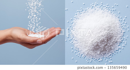 Hand pouring white granules from palm onto a light blue background, alongside a pile of similar granules, showcasing texture and detail of the material Hand pouring white granules from palm onto a light blue background, alongside a pile of similar granules, showcasing texture and detail of the material 135659490