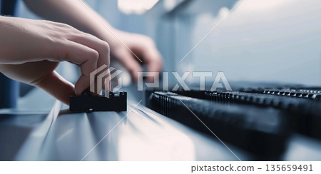 Close-up of hands assembling black plastic components on a production line, with blurred machinery and equipment in the background Close-up of hands assembling black plastic components on a production line, with blurred machinery and equipment in the background 135659491