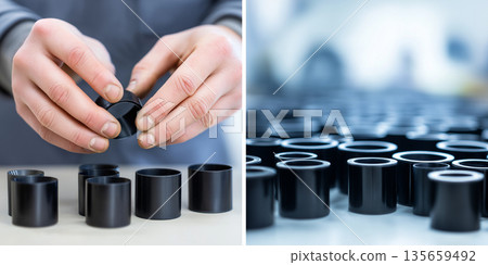 Hands of a technician assembling black cylindrical components on a work surface, with additional components arranged in the background in a manufacturing environment 135659492