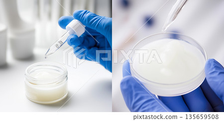 Laboratory technician in blue gloves uses dropper to transfer cream from jar to petri dish on white surface with blurred background of lab equipment Laboratory technician in blue gloves uses dropper to transfer cream from jar to petri dish on white surface with blurred background of lab equipment 135659508