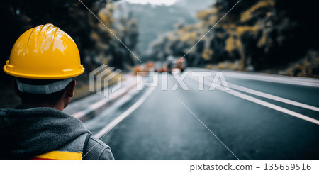 Construction worker wearing yellow hard hat stands on road observing construction site with blurred machinery and trees in the background 135659516