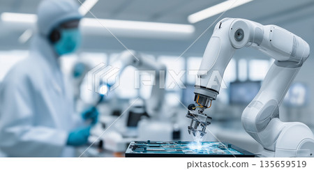 Robotic arm assembling electronic components on a circuit board in a modern laboratory with technicians wearing protective gear in the background 135659519