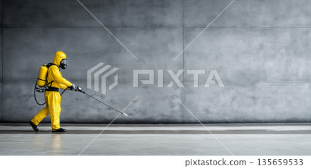 Worker in yellow protective suit sprays disinfectant on a smooth gray wall in an industrial setting, showcasing safety equipment and sanitation practices in action Worker in yellow protective suit sprays disinfectant on a smooth gray wall in an industrial setting, showcasing safety equipment and sanitation practices in action 135659533