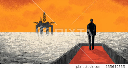 Man in black suit stands on red carpeted pier overlooking oil rig at sunset with orange sky and calm water reflecting the scene 135659535