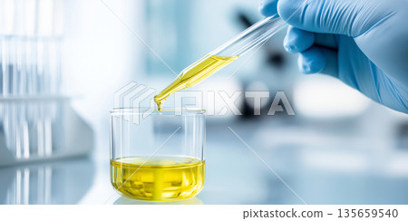 Laboratory technician in blue gloves uses a pipette to transfer yellow liquid into a glass container on a clean, modern lab workspace with blurred background elements 135659540