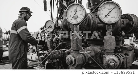 Male technician in coveralls operates machinery with pressure gauges in an industrial setting, showcasing equipment and tools in a black and white photograph Male technician in coveralls operates machinery with pressure gauges in an industrial setting, showcasing equipment and tools in a black and white photograph 135659551