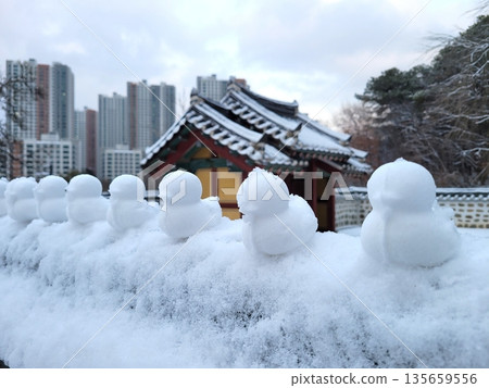Row of Snow Ducks Lined Up on a Traditional Korean Tiled Wall with Modern Apartments in the Background After Heavy Snowfall Row of Snow Ducks Lined Up on a Traditional Korean Tiled Wall with Modern Apartments in the Background After Heavy Snowfall 135659556
