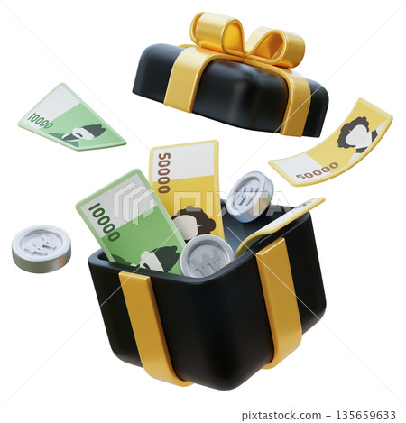 Gift Box Overflowing with 10,000 and 50,000 South Korean Won Bills 3D Illustration 135659633
