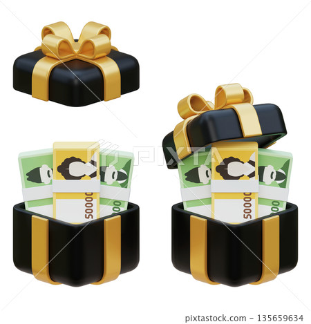 3D Render of 10,000 and 50,000 Korean Won Stack in a Gift Box 135659634