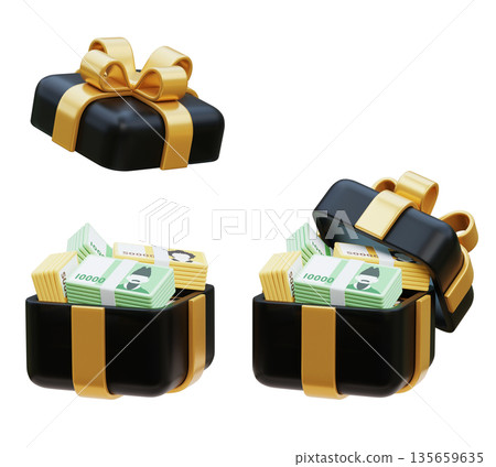 3D Render of 10,000 and 50,000 Korean Won Stack in a Gift Box 135659635