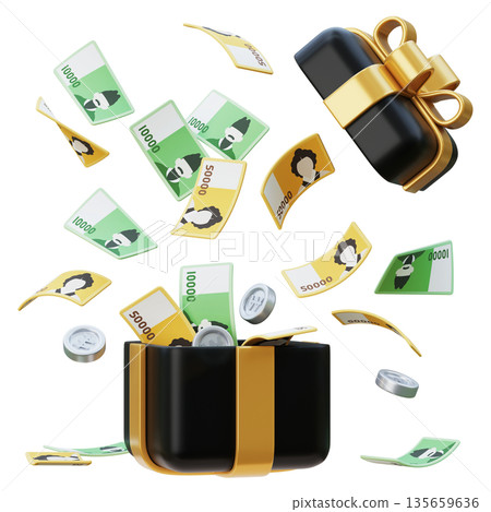 Gift Box Overflowing with 10,000 and 50,000 South Korean Won Bills 3D Illustration Gift Box Overflowing with 10,000 and 50,000 South Korean Won Bills 3D Illustration 135659636