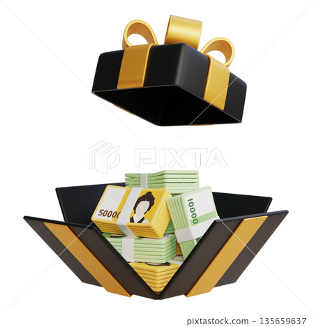 3D Render of 10,000 and 50,000 Korean Won Stack in a Gift Box 135659637