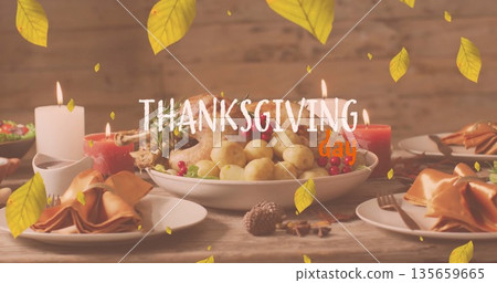 Image of thanksgiving day text over turkey dinner and autumn leaves background 135659665