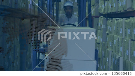 Navigating warehouse aisle, forklift operator passing shelving racks and carrying two stacked boxes Navigating warehouse aisle, forklift operator passing shelving racks and carrying two stacked boxes 135660415