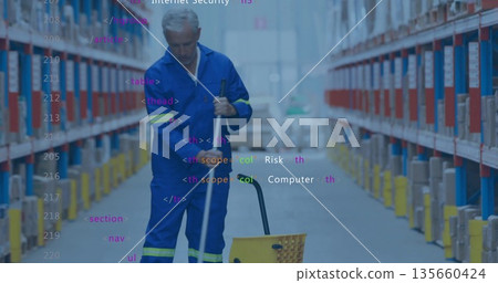 Mopping custodian guiding mop into yellow wringer bucket in warehouse aisle, with code overlay Mopping custodian guiding mop into yellow wringer bucket in warehouse aisle, with code overlay 135660424