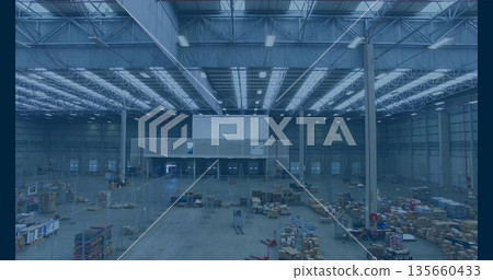 Displaying white-walled mezzanine office structure inside distribution center, with wooden pallets Displaying white-walled mezzanine office structure inside distribution center, with wooden pallets 135660433