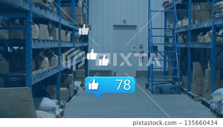 Displaying blue chat bubble showing thumbs-up count 78 in warehouse, with blue metal shelving 135660434