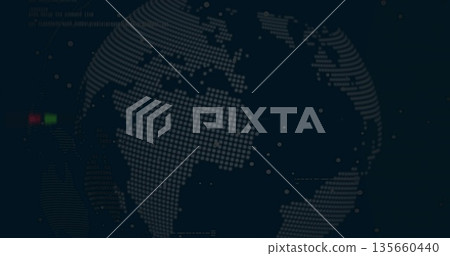 Rotating dot-matrix globe illuminating digital interface, with scattered data points and code lines 135660440