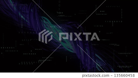 Twisting digital ribbon weaving through virtual data space, showing floating binary digits Twisting digital ribbon weaving through virtual data space, showing floating binary digits 135660458