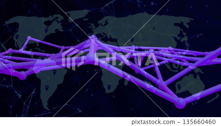 Displaying purple nodes and lines across transparent world map, with pin markers and web overlay Displaying purple nodes and lines across transparent world map, with pin markers and web overlay 135660460