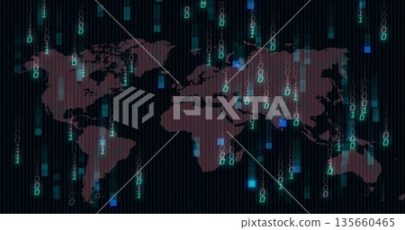 Displaying world map floating in abstract environment, with falling binary code and data blocks Displaying world map floating in abstract environment, with falling binary code and data blocks 135660465